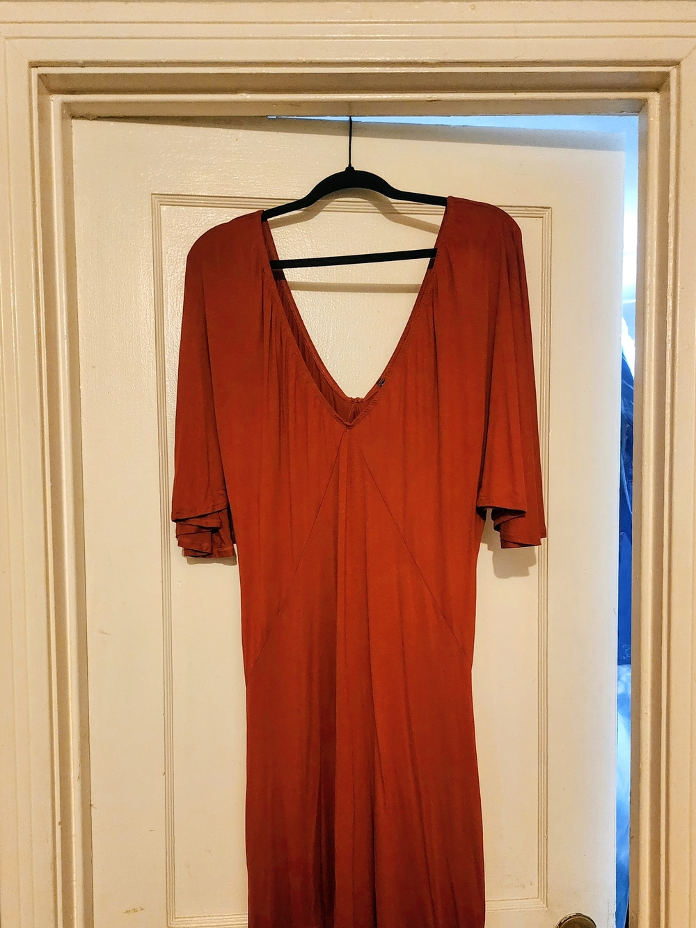Rust V-Neck Midi Dress with Elbow Sleeves